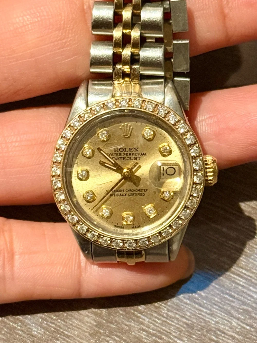 Rolex Two-Tone Gold and Silver Diamond Bezel Datejust Watch
